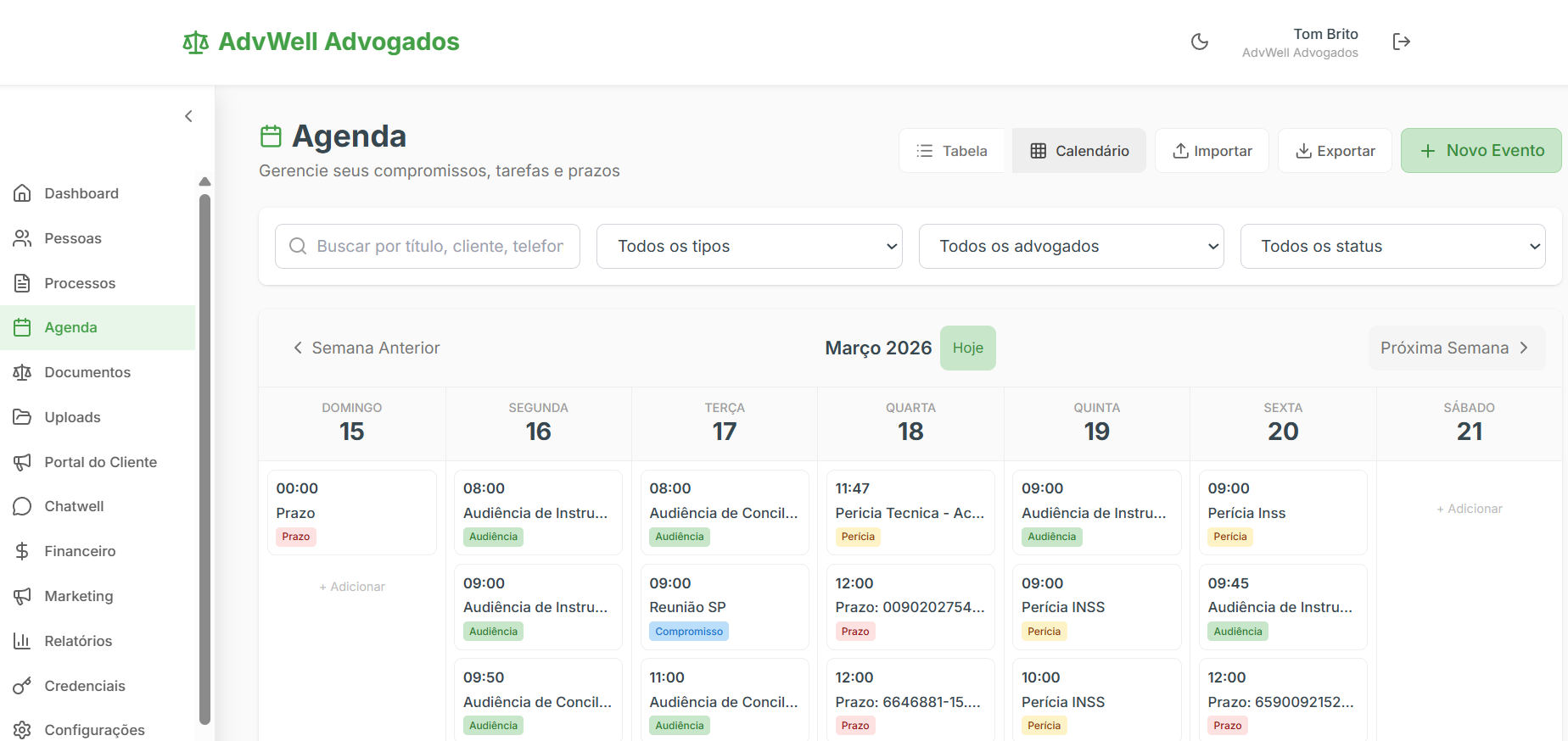 Agenda jurídica com alertas de prazos