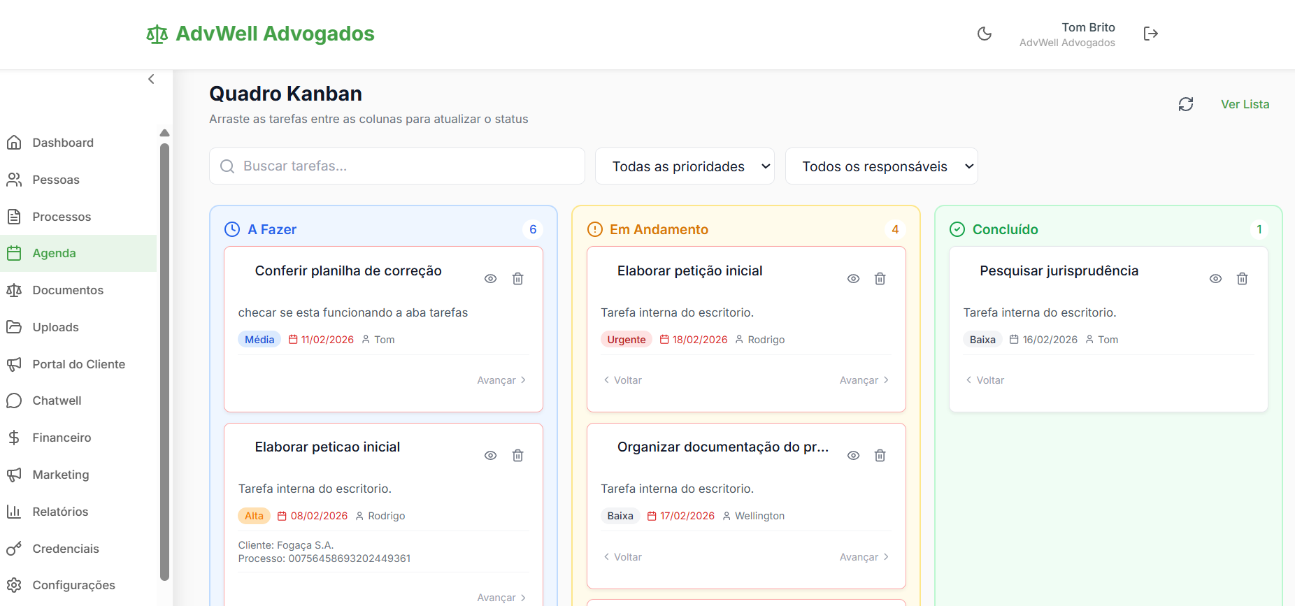 Quadro Kanban de tarefas