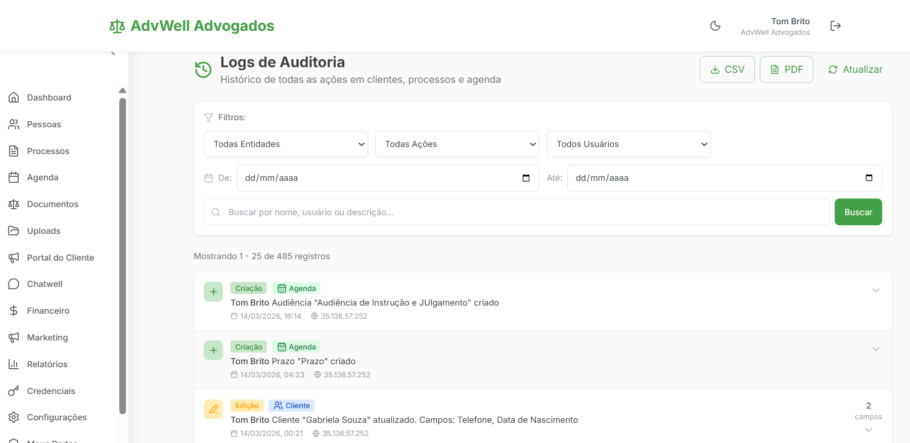 Logs de auditoria LGPD