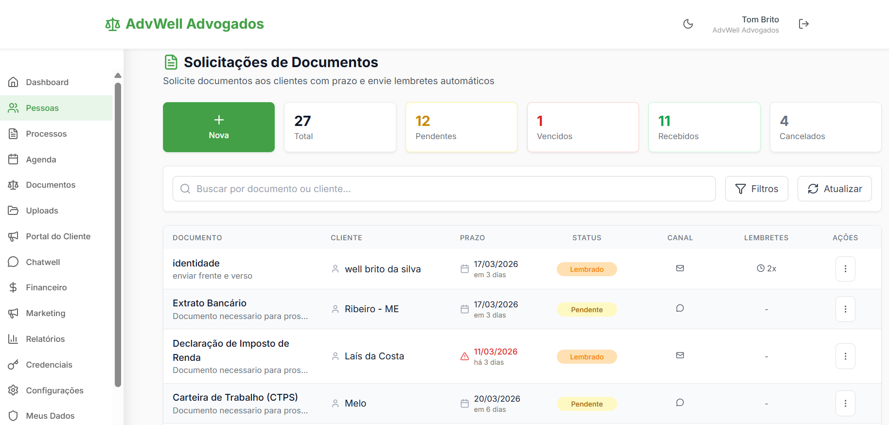 Solicitação de documentos ao cliente